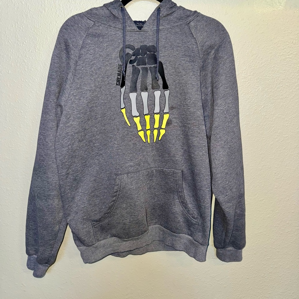 Men’s Large Gray Skeleton Hand Graphic Hoodie Pullover Sweatshirt